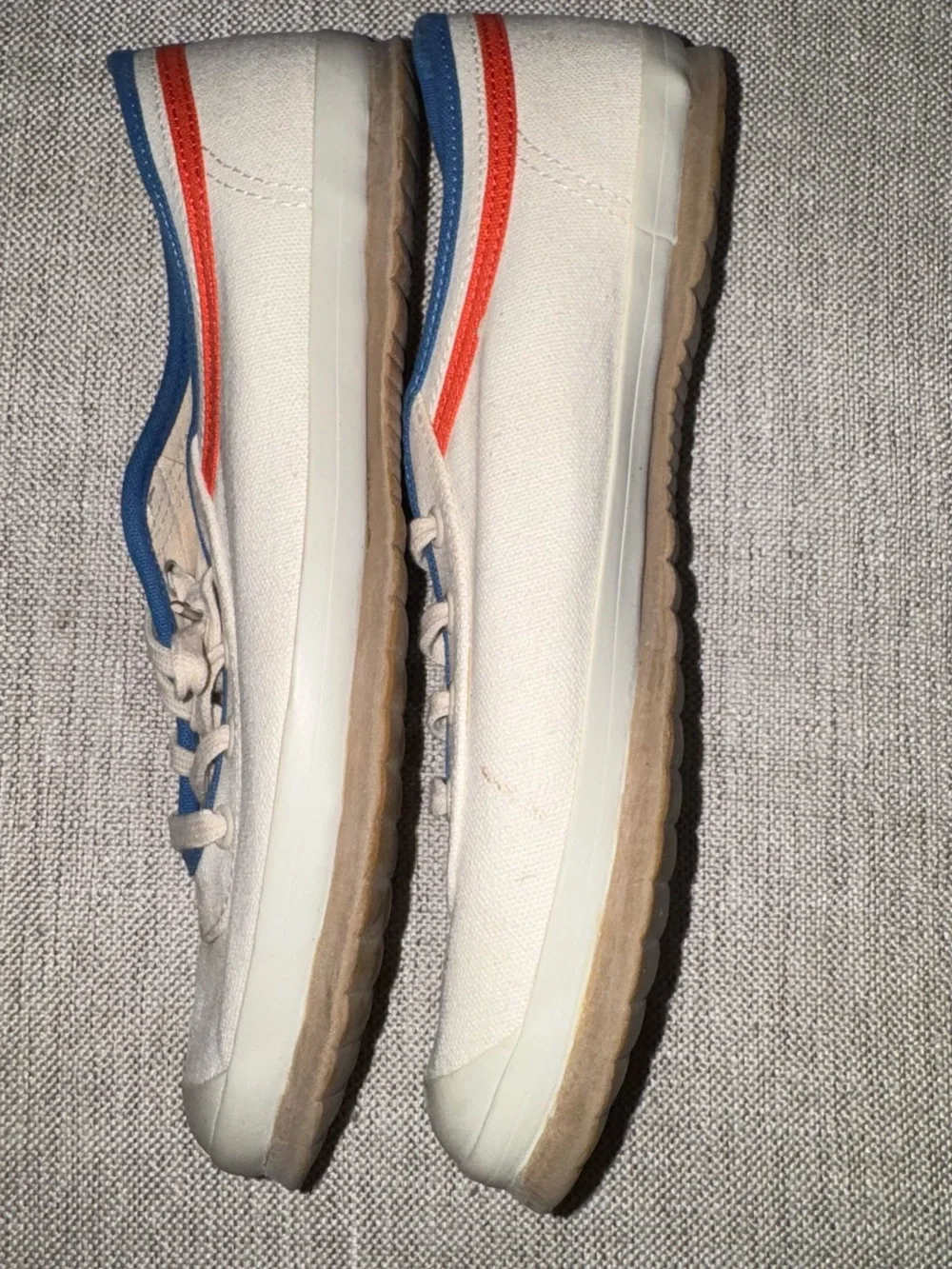 White Canvas Sneakers with Blue & Red Trim